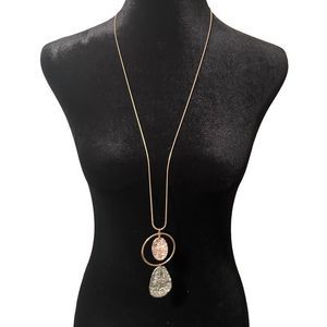 34” long pendant with adjustable chain; 18” drop from neck. NWOT. Gold plated.